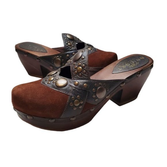 Bridget Shuster Women's Brown Suede Leather Bronze Studded Chunky Wooden Clog - Picture 10 of 16